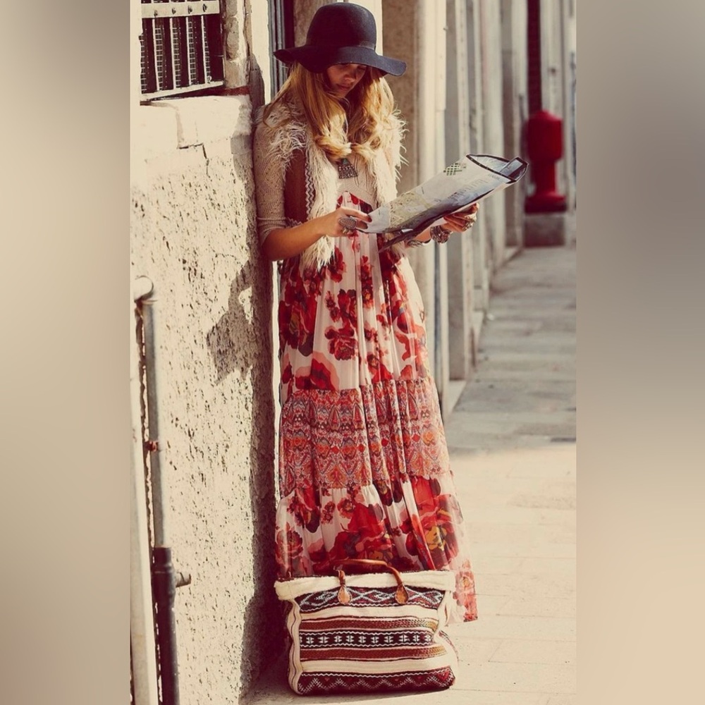 Free People Red and Cream Floral Maxi Dress